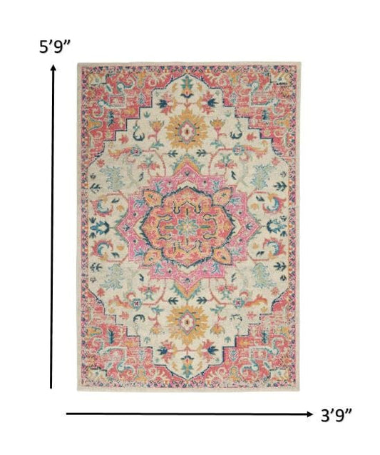 4' X 6' Pink And Ivory Southwestern Dhurrie Area Rug - Homeroots
