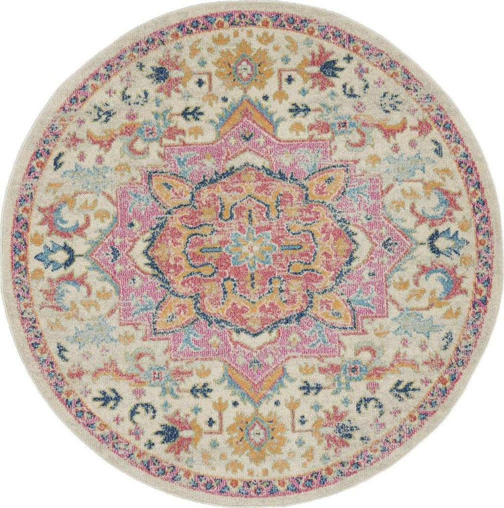 5' Pink And Ivory Round Southwestern Dhurrie Area Rug - Homeroots - Flyclothing LLC