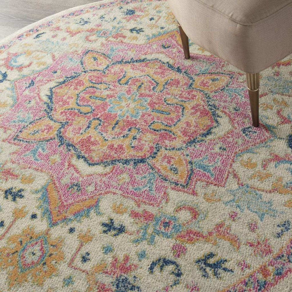 5' Pink And Ivory Round Southwestern Dhurrie Area Rug - Homeroots - Flyclothing LLC