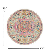 5' Pink And Ivory Round Southwestern Dhurrie Area Rug - Homeroots - Flyclothing LLC