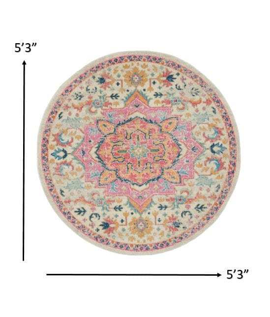 5' Pink And Ivory Round Southwestern Dhurrie Area Rug - Homeroots - Flyclothing LLC