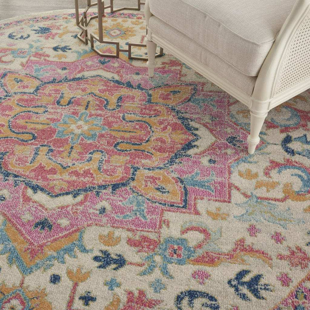 8' Pink And Ivory Round Southwestern Dhurrie Area Rug - Homeroots - Flyclothing LLC