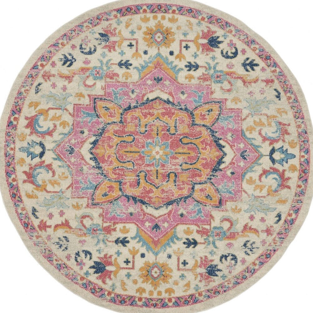 8' Pink And Ivory Round Southwestern Dhurrie Area Rug - Homeroots