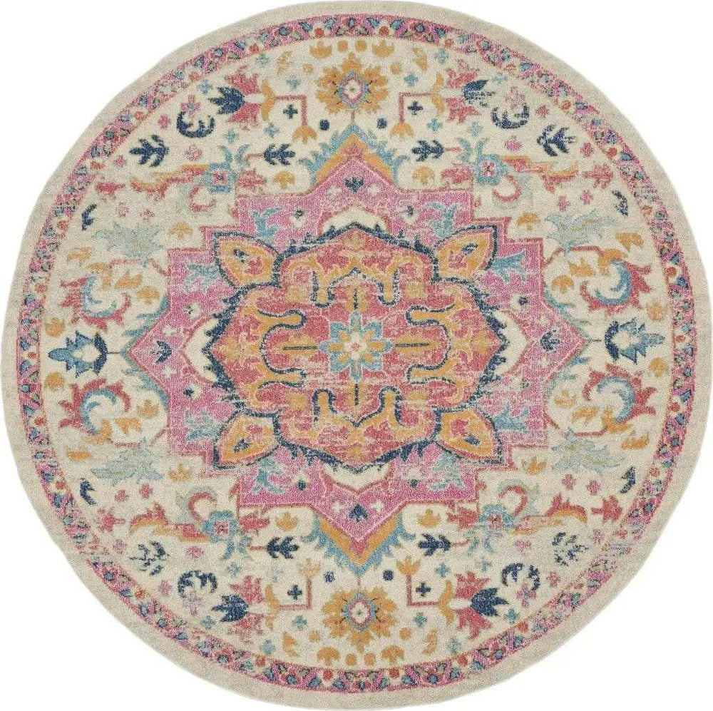 8' Pink And Ivory Round Southwestern Dhurrie Area Rug - Homeroots - Flyclothing LLC