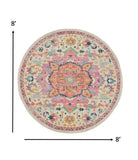 8' Pink And Ivory Round Southwestern Dhurrie Area Rug - Homeroots