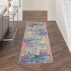 8' Blue And Pink Abstract Power Loom Runner Rug - Homeroots