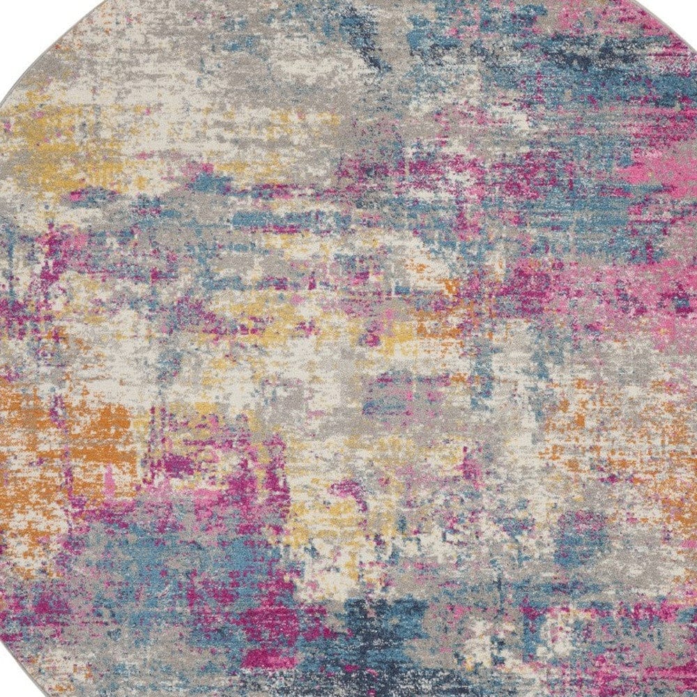 5' Blue And Pink Round Abstract Power Loom Area Rug - Homeroots