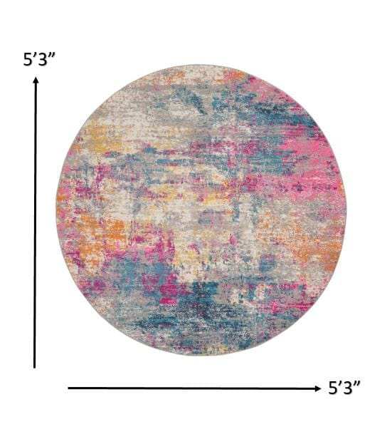 5' Blue And Pink Round Abstract Power Loom Area Rug - Homeroots - Flyclothing LLC