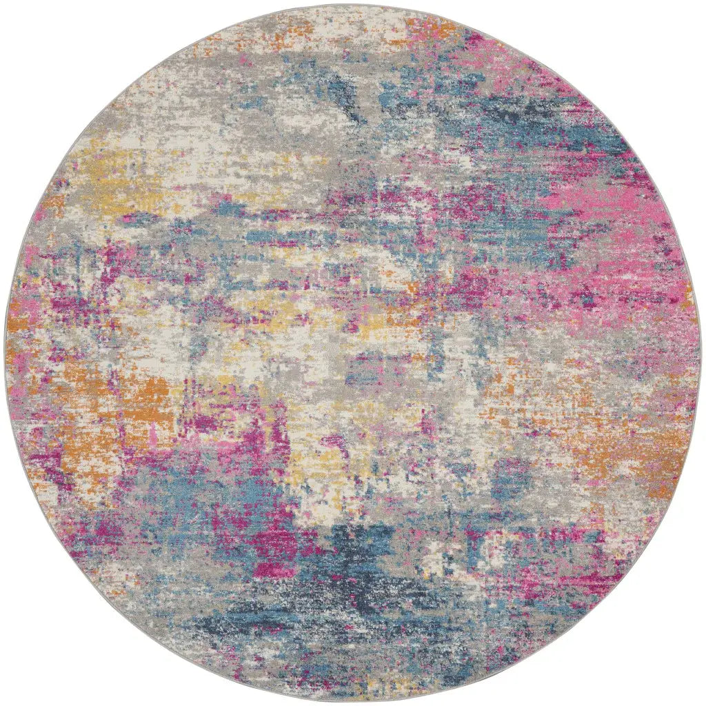 8' Blue And Pink Round Abstract Power Loom Area Rug - Homeroots - Flyclothing LLC