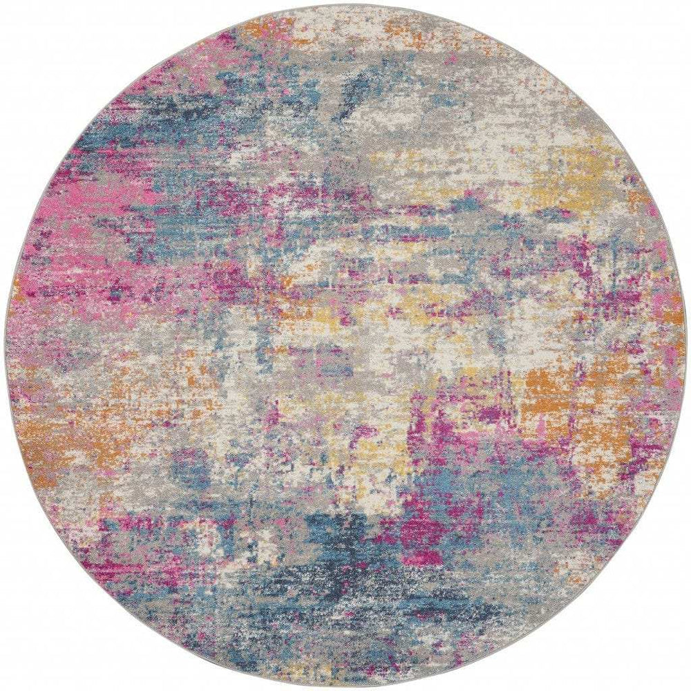 8' Blue And Pink Round Abstract Power Loom Area Rug - Homeroots - Flyclothing LLC