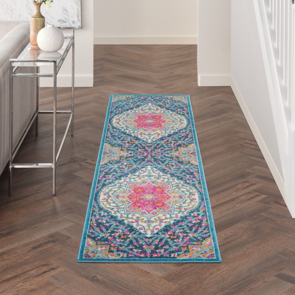 8' Teal Blue Power Loom Runner Rug - Homeroots