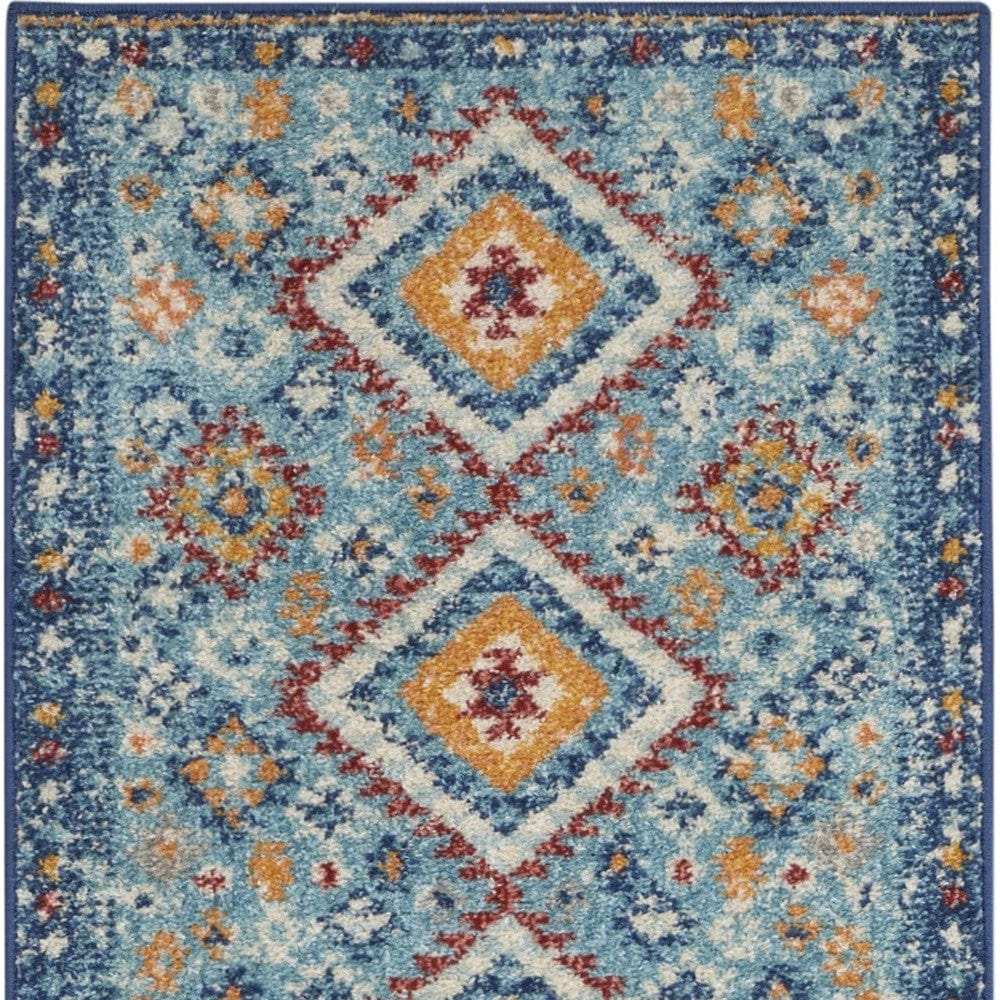 8' Blue And Orange Geometric Dhurrie Runner Rug - Homeroots - Flyclothing LLC