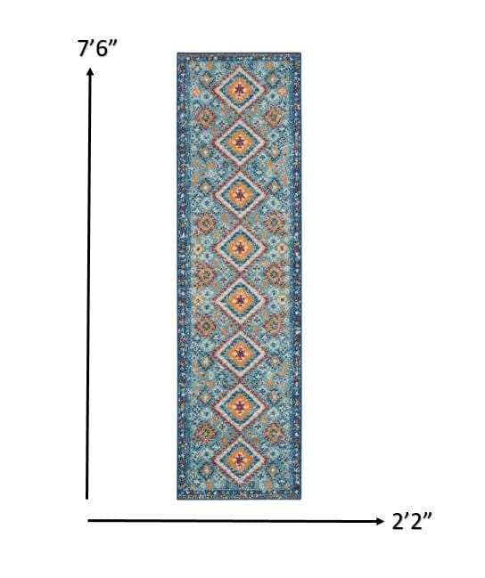8' Blue And Orange Geometric Dhurrie Runner Rug - Homeroots - Flyclothing LLC