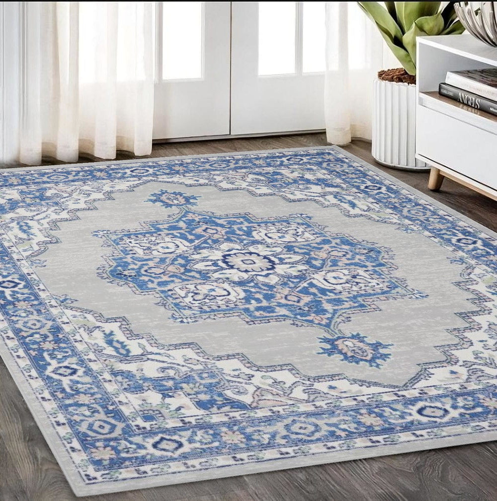 5' X 7' Blue Gray Floral Dhurrie Area Rug - Homeroots
