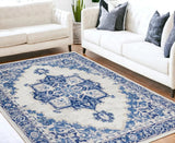 5' X 7' Blue And Ivory Floral Dhurrie Area Rug - Homeroots