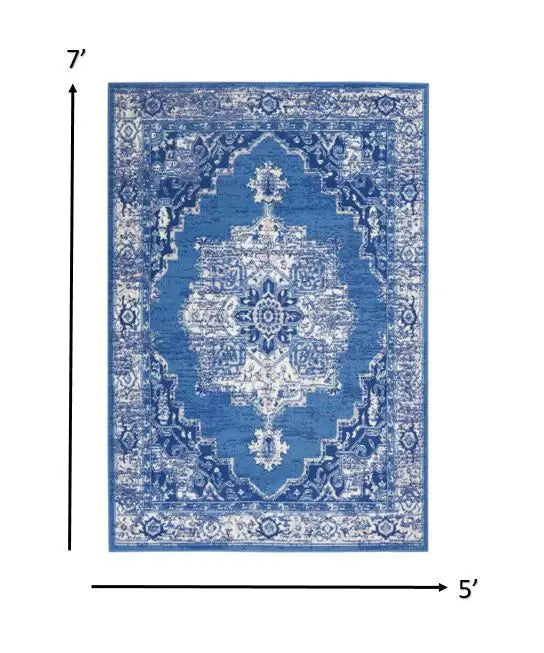 5' X 7' Navy Blue Floral Dhurrie Area Rug - Homeroots - Flyclothing LLC