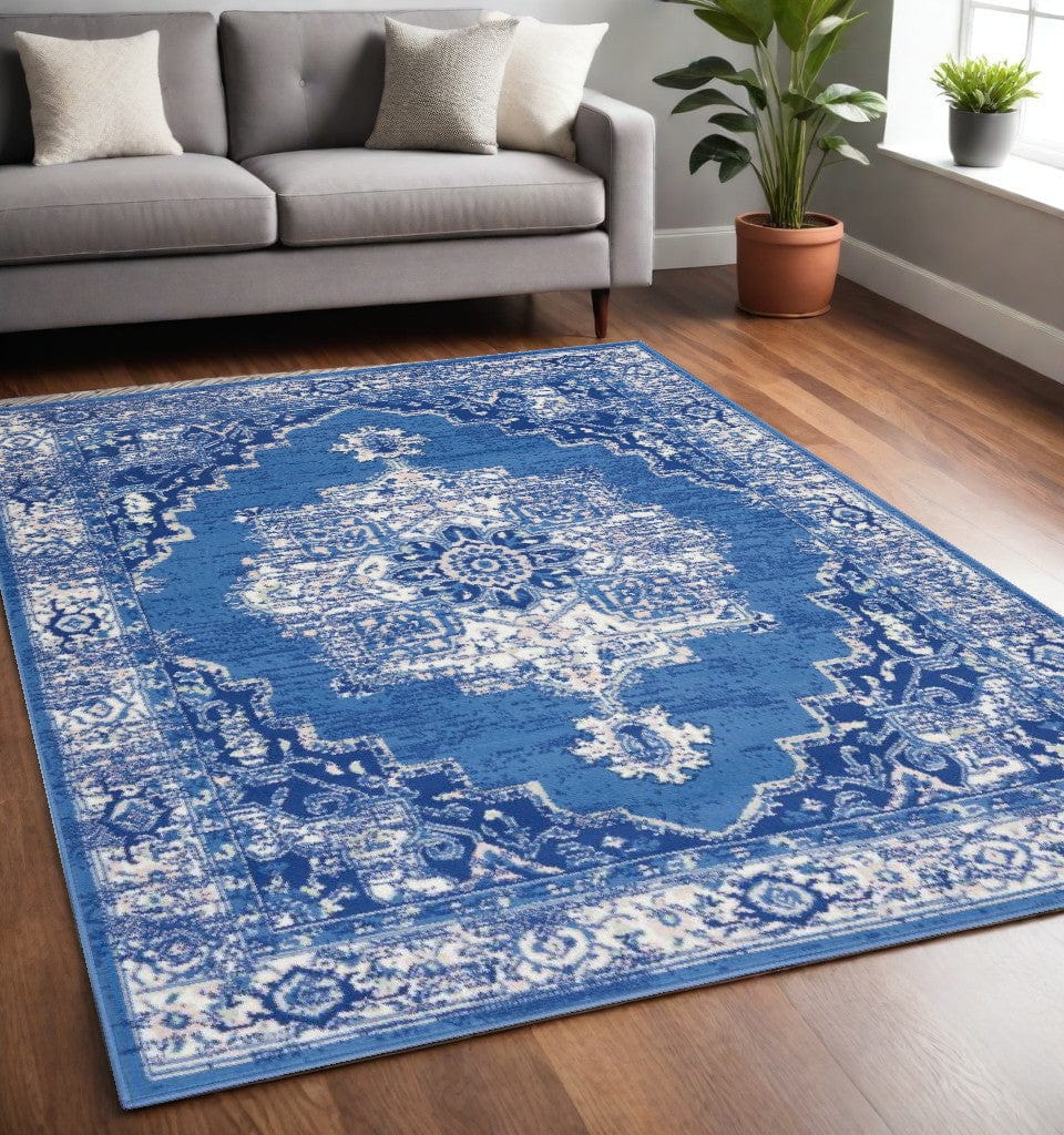 5' X 7' Navy Blue Floral Dhurrie Area Rug - Homeroots