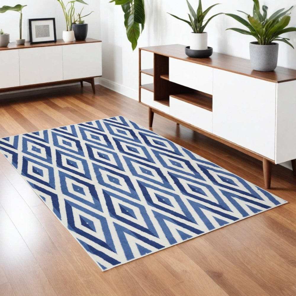 4' X 6' Blue And Ivory Geometric Dhurrie Area Rug - Homeroots - Flyclothing LLC