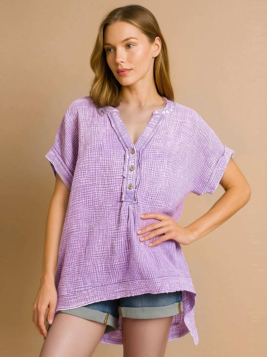 Zenana Washed Double Gauze 3/4 Button Henley Neck Shirt - Trendsi - Flyclothing LLC
