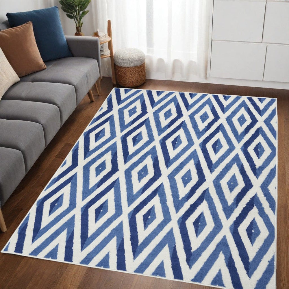 5' X 7' Blue And Ivory Geometric Dhurrie Area Rug - Homeroots