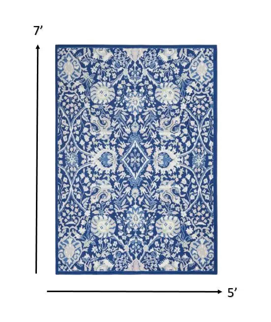 5' X 7' Navy Blue Floral Dhurrie Area Rug - Homeroots - Flyclothing LLC
