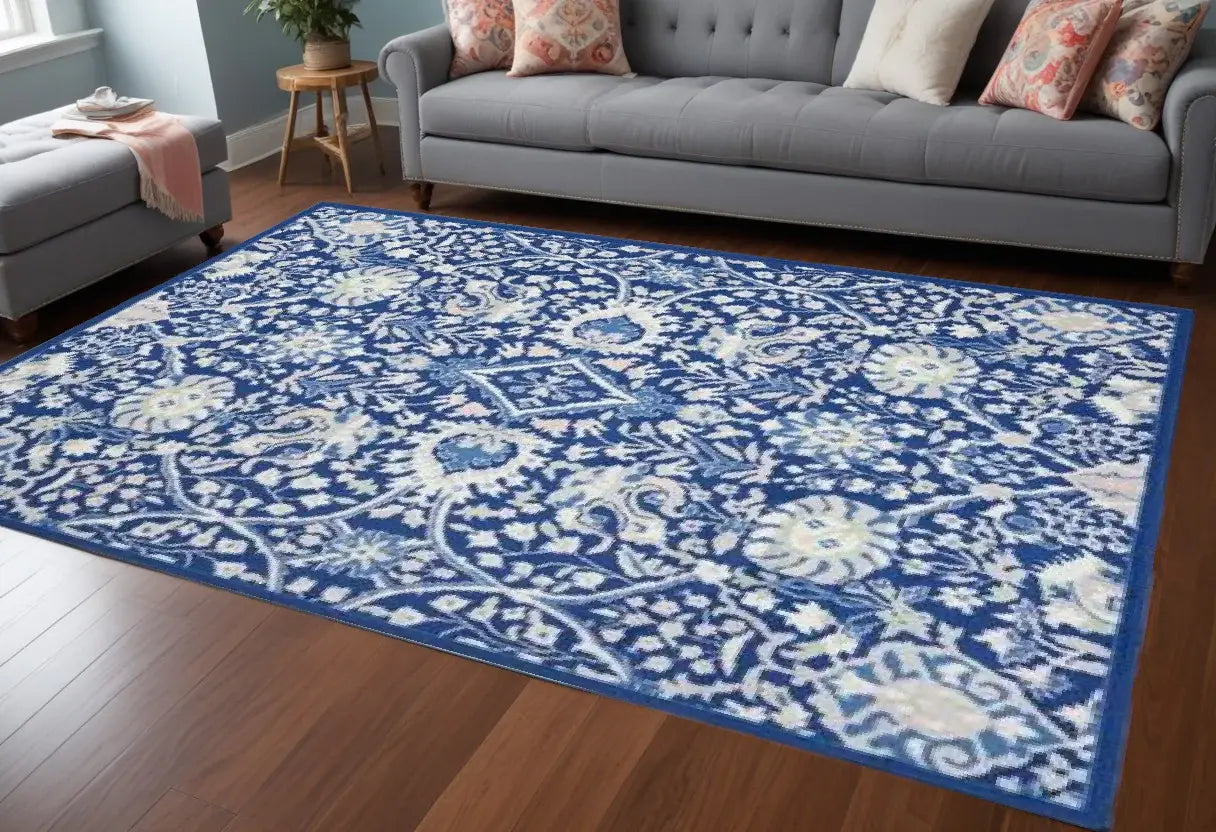 6' X 9' Navy Blue Floral Dhurrie Area Rug - Homeroots - Flyclothing LLC