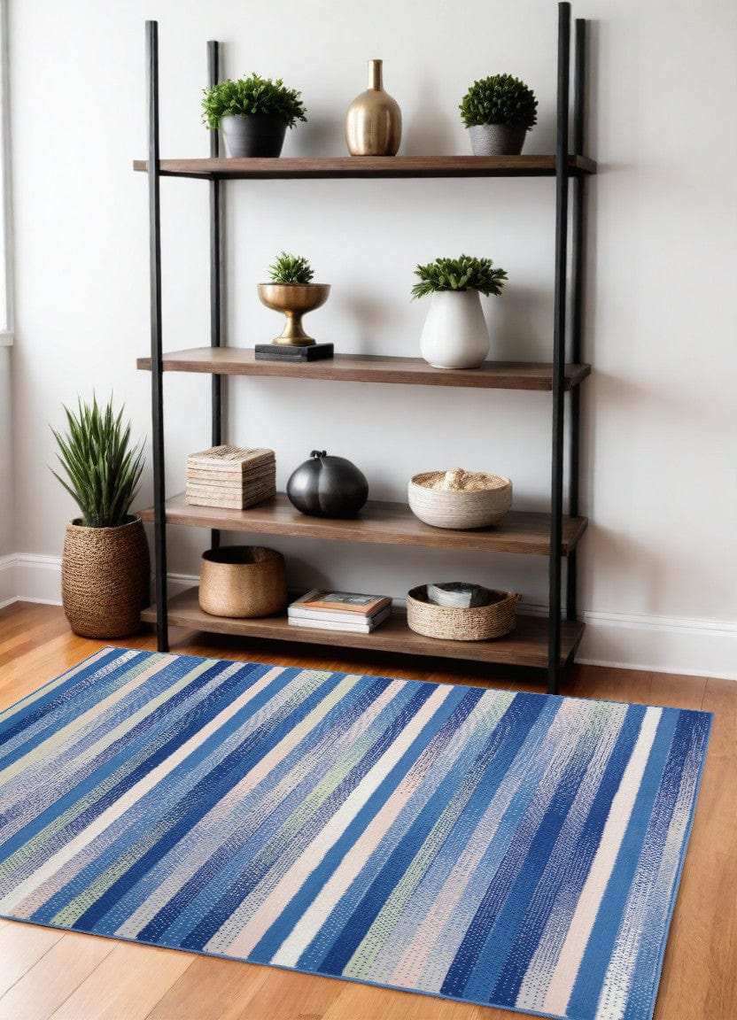 4' X 6' Blue And White Striped Dhurrie Area Rug - Homeroots - Flyclothing LLC