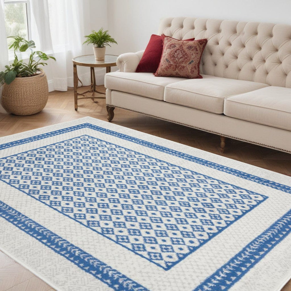 5' X 7' Navy Blue Geometric Dhurrie Area Rug - Homeroots