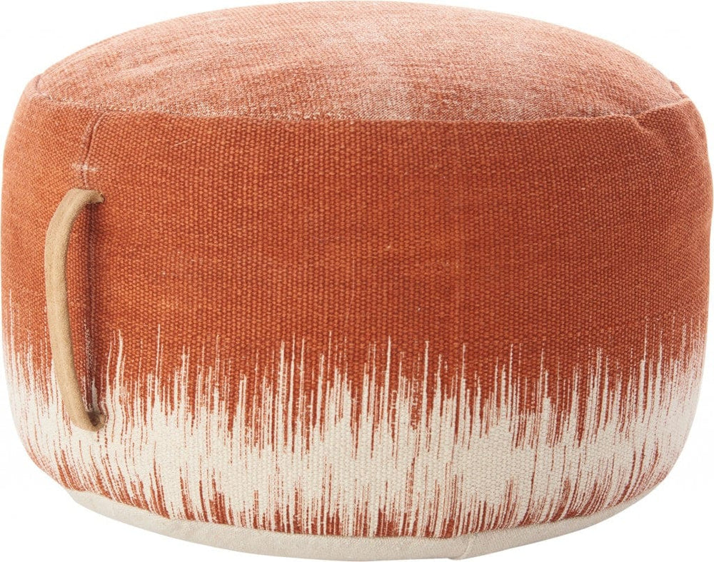 20" Orange and White Cotton Round Abstract Pouf Ottoman - Homeroots
