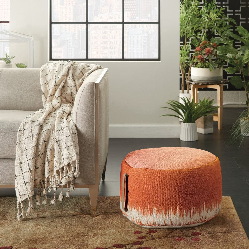 20" Orange and White Cotton Round Abstract Pouf Ottoman - Homeroots