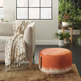 20" Orange and White Cotton Round Abstract Pouf Ottoman - Homeroots