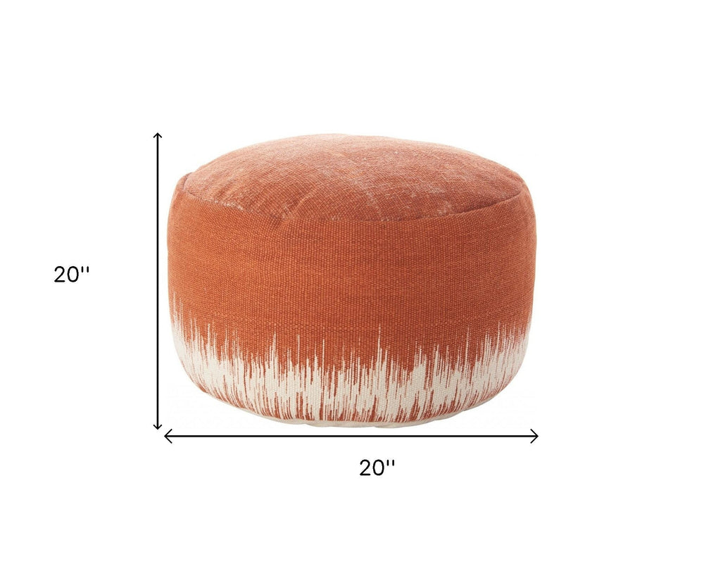 20" Orange and White Cotton Round Abstract Pouf Ottoman - Homeroots