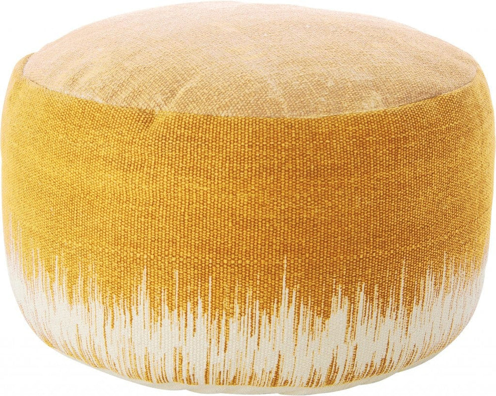20" Yellow and White Cotton Round Abstract Pouf Ottoman - Homeroots