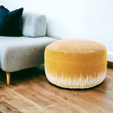 20" Yellow and White Cotton Round Abstract Pouf Ottoman - Homeroots