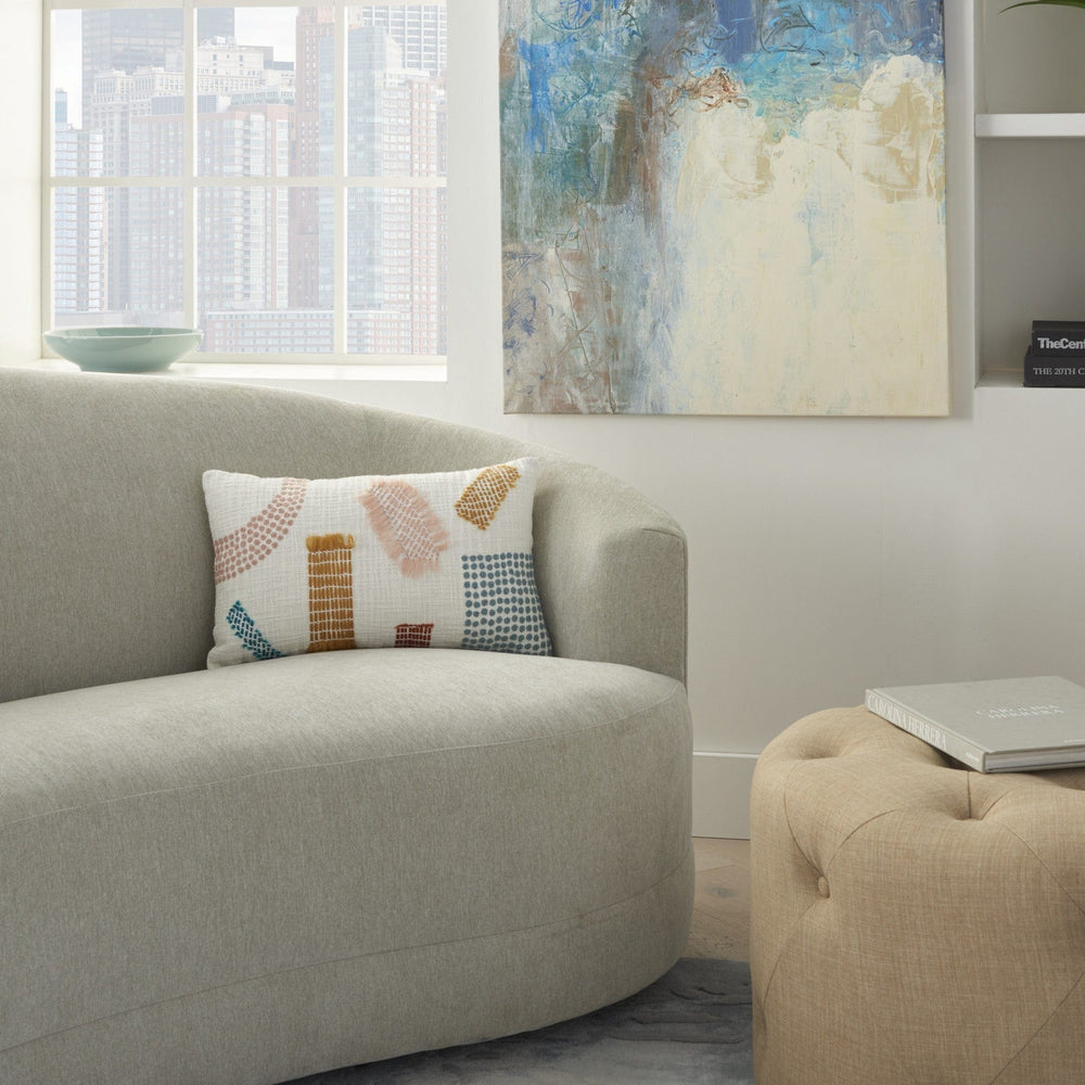 12" X 20" Beige Blue and Ivory Geometric Cotton Throw Pillow With Textured Appliques - Homeroots - Flyclothing LLC