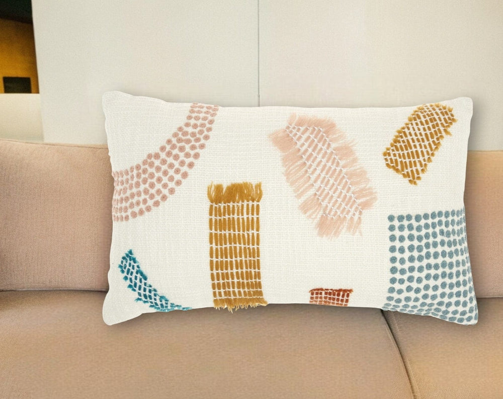 12" X 20" Beige Blue and Ivory Geometric Cotton Throw Pillow With Textured Appliques - Homeroots