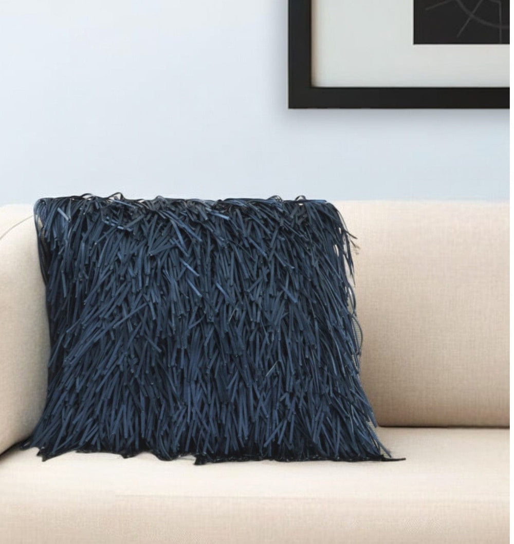 Unique Navy Blue Shag Accent Pillow - Homeroots