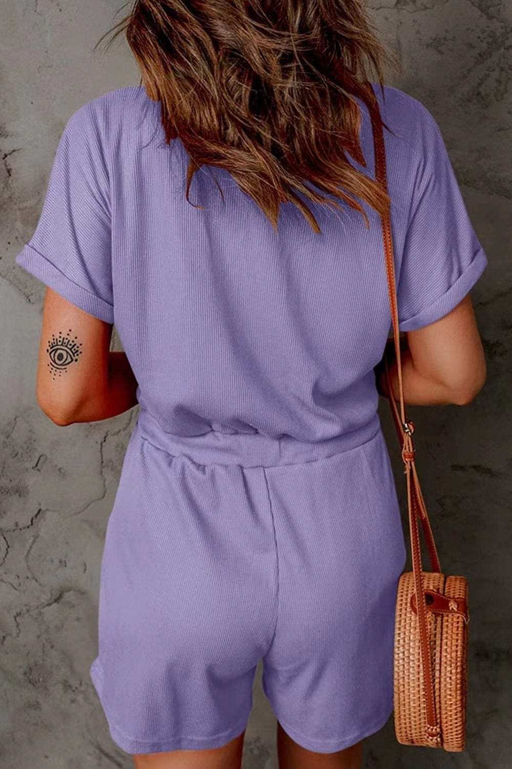 Full Size Drawstring V-Neck Short Sleeve Romper - Trendsi - Flyclothing LLC