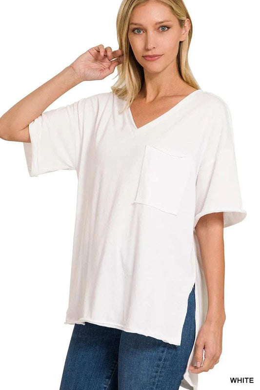 Zenana Front Pocket Raw Edge Boyfriend Tee - Trendsi - Flyclothing LLC
