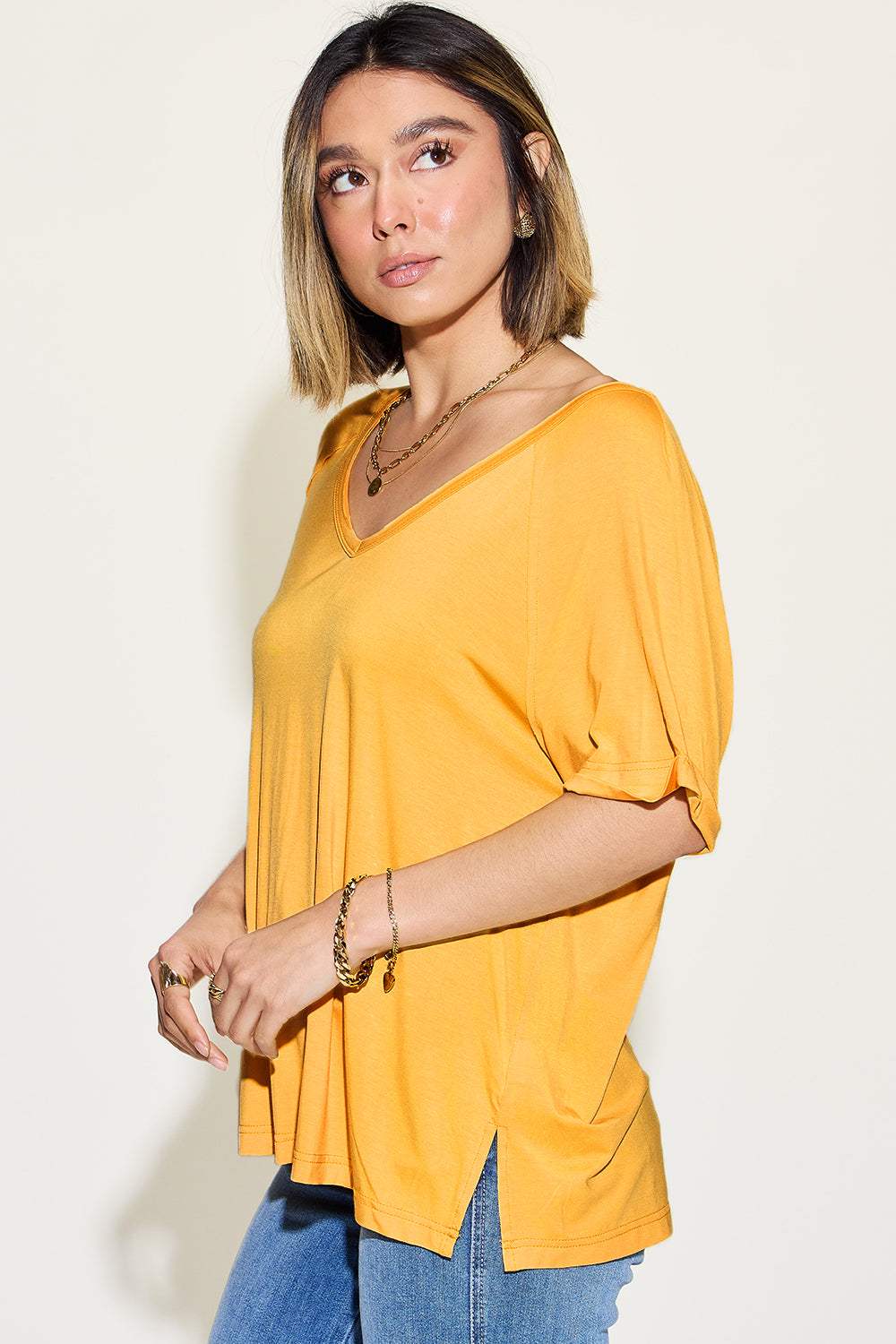 Basic Bae Full Size Bamboo Slit V-Neck Short Sleeve T-Shirt - Trendsi - Flyclothing LLC