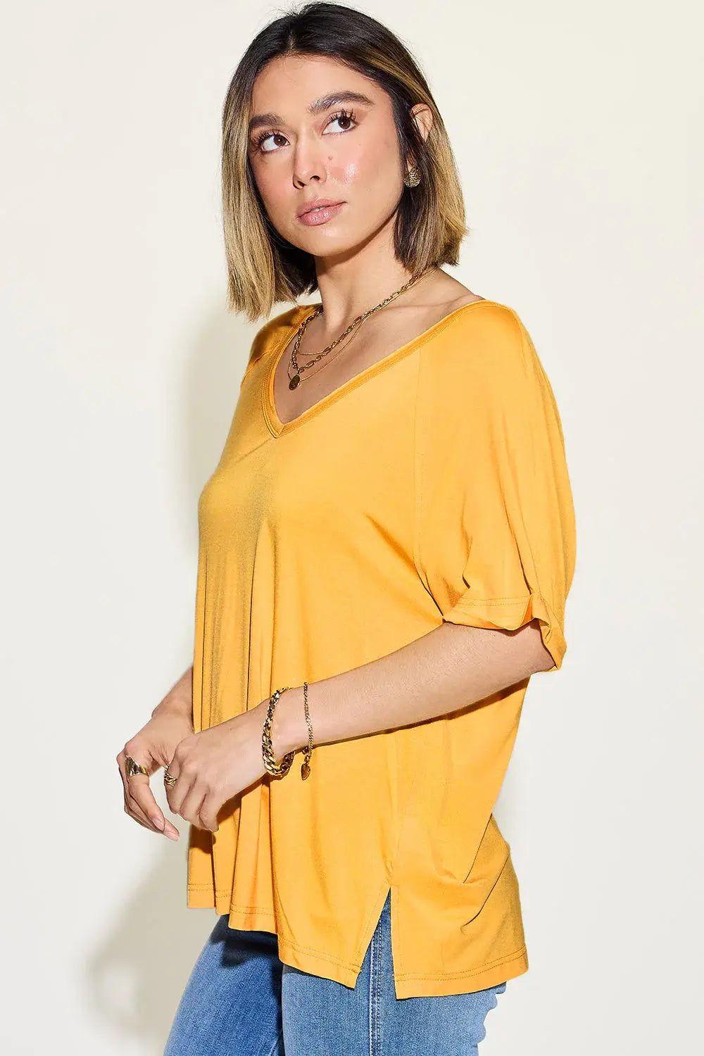 Basic Bae Full Size Bamboo Slit V-Neck Short Sleeve T-Shirt - ShopBasicbae - Flyclothing LLC