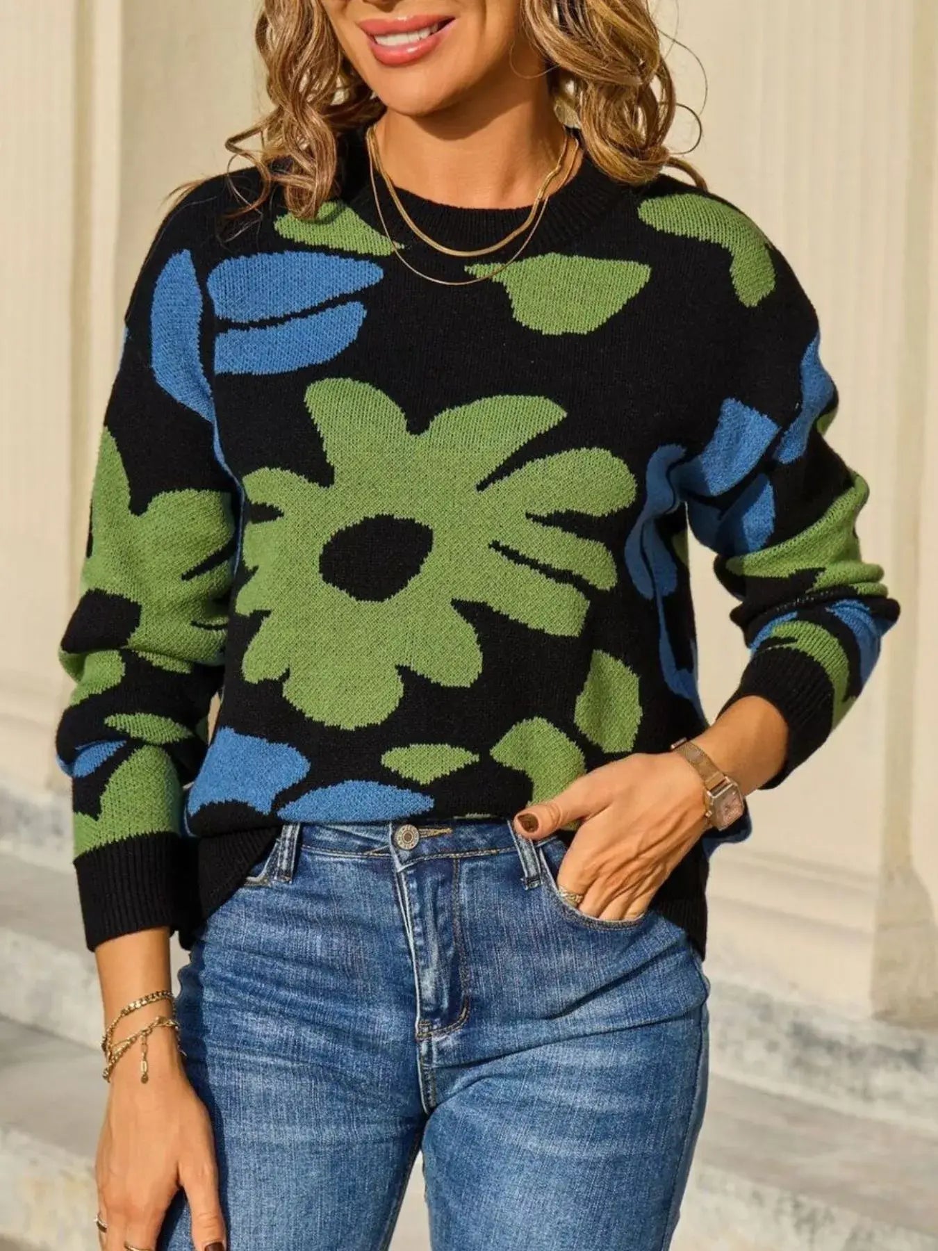 Floral Crew Neck Long Sleeve Sweater - Trendsi - Flyclothing LLC