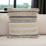 20" Gray and Cream Cotton Blend Throw Pillow With Embroidery - Homeroots