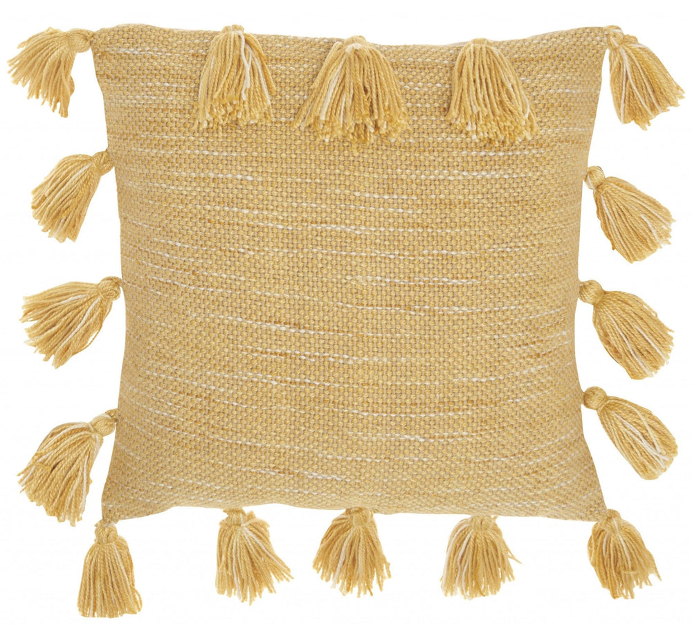 18" Yellow Polyester Blend Throw Pillow With Tassels - Homeroots - Flyclothing LLC