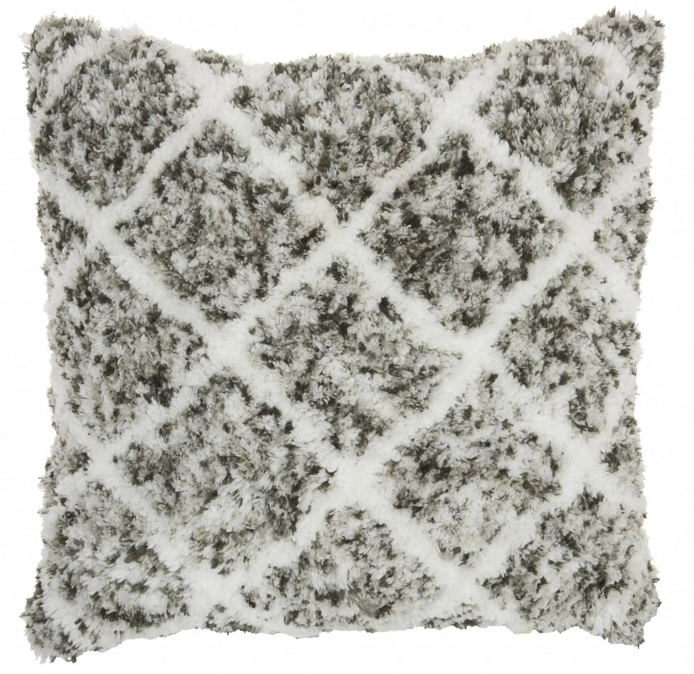 24" White and Gray Diamond Faux Fur Throw Pillow - Homeroots