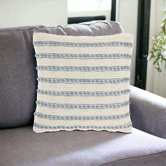 18" Pale Blue And Ivory Textured Stripes Throw Pillow - Homeroots