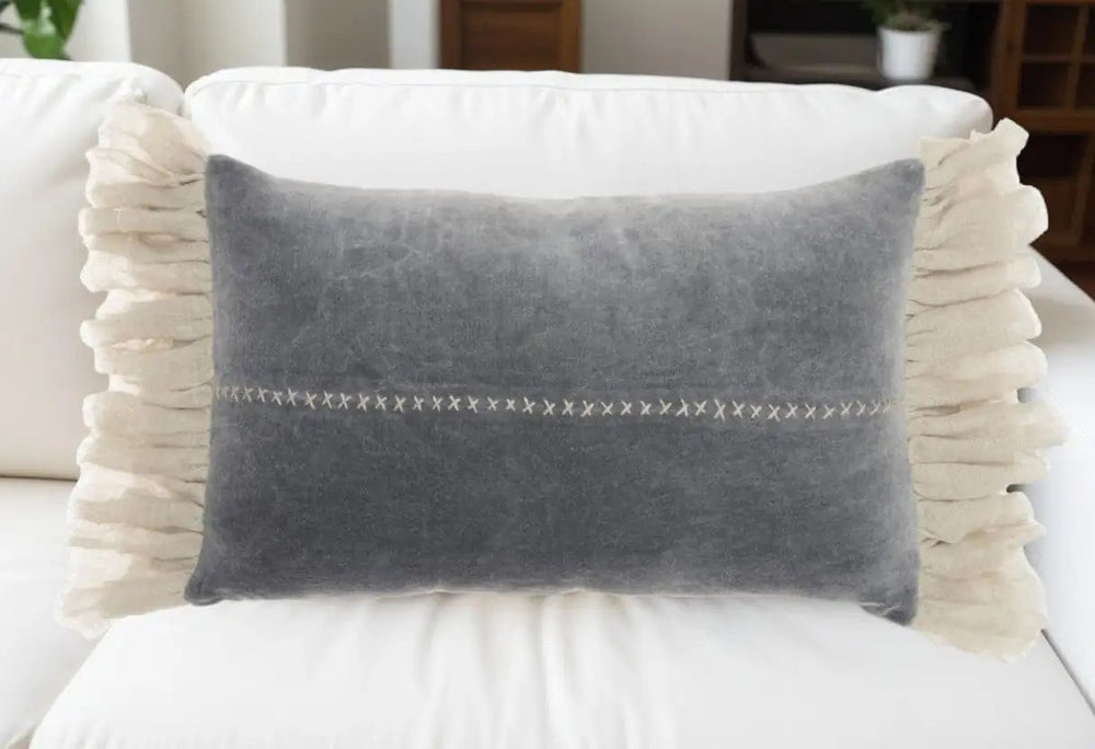 14" X 22" Steel Blue Pillow With Tassels Edges - Homeroots - Flyclothing LLC