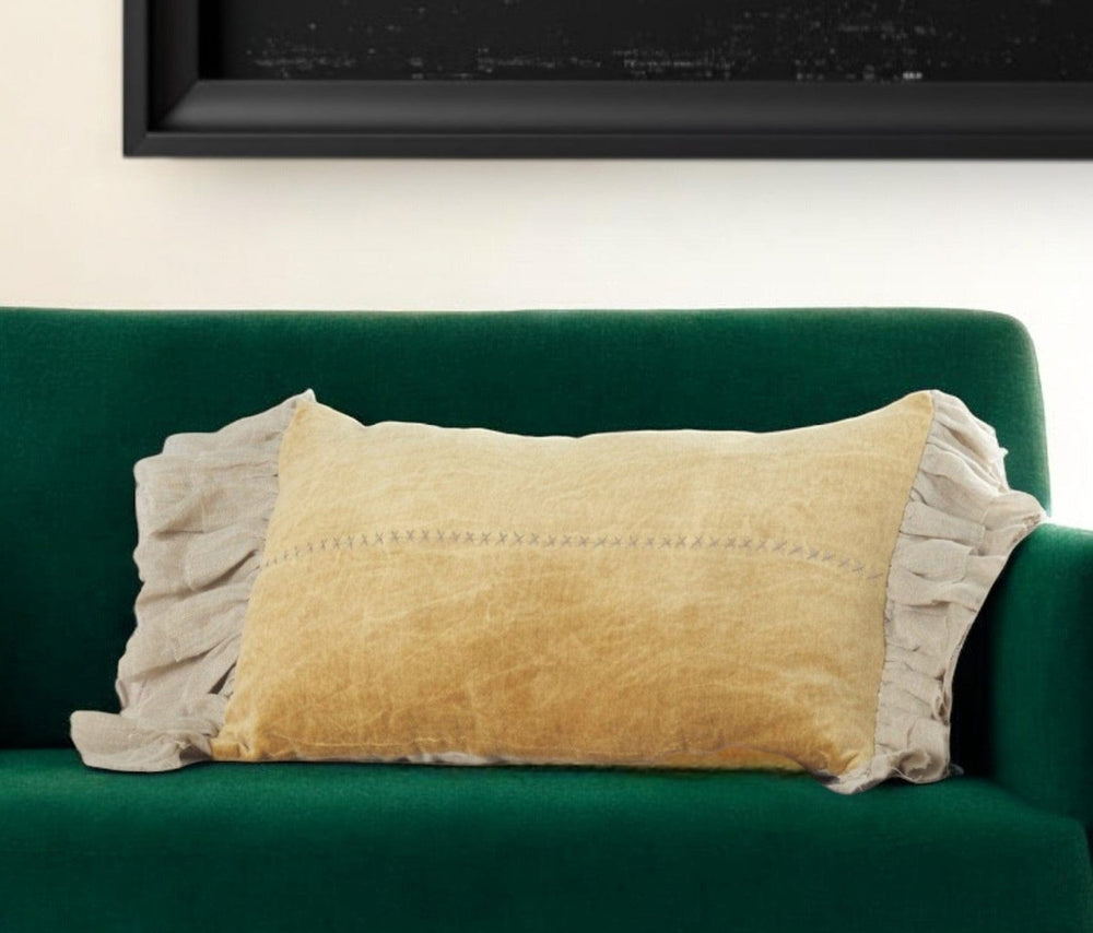 Wide Tasseled Marble Yellow Lumbar Pillow - Homeroots