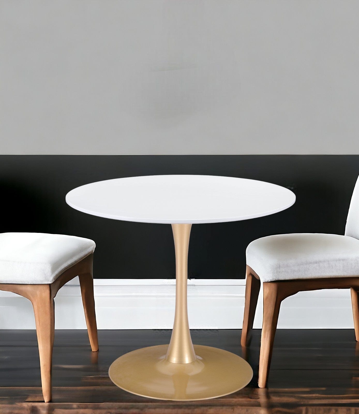 35" White And Gold Rounded Steel Pedestal Base Dining Table - Homeroots - Flyclothing LLC
