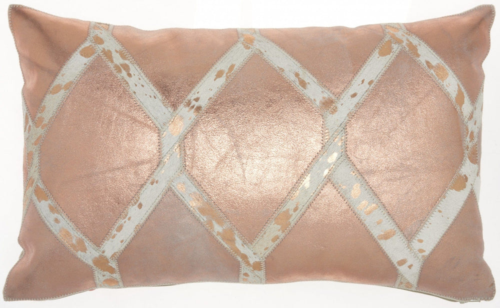 12" X 20" Rose Gold and White Metallic and Cowhide Throw Pillow - Homeroots